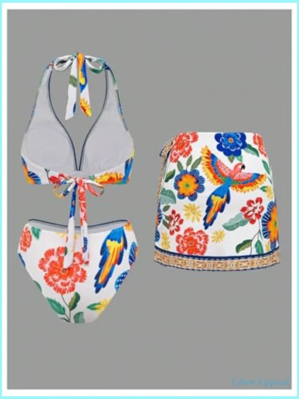 Floral Tropical Print Boho Bikini Set 3 Piece Halter Triangle Swimsuit with